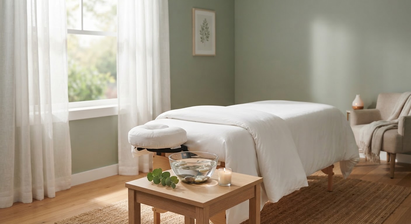 A serene massage therapy room with soft natural light, a made massage table with white linens, and calming sage green walls.